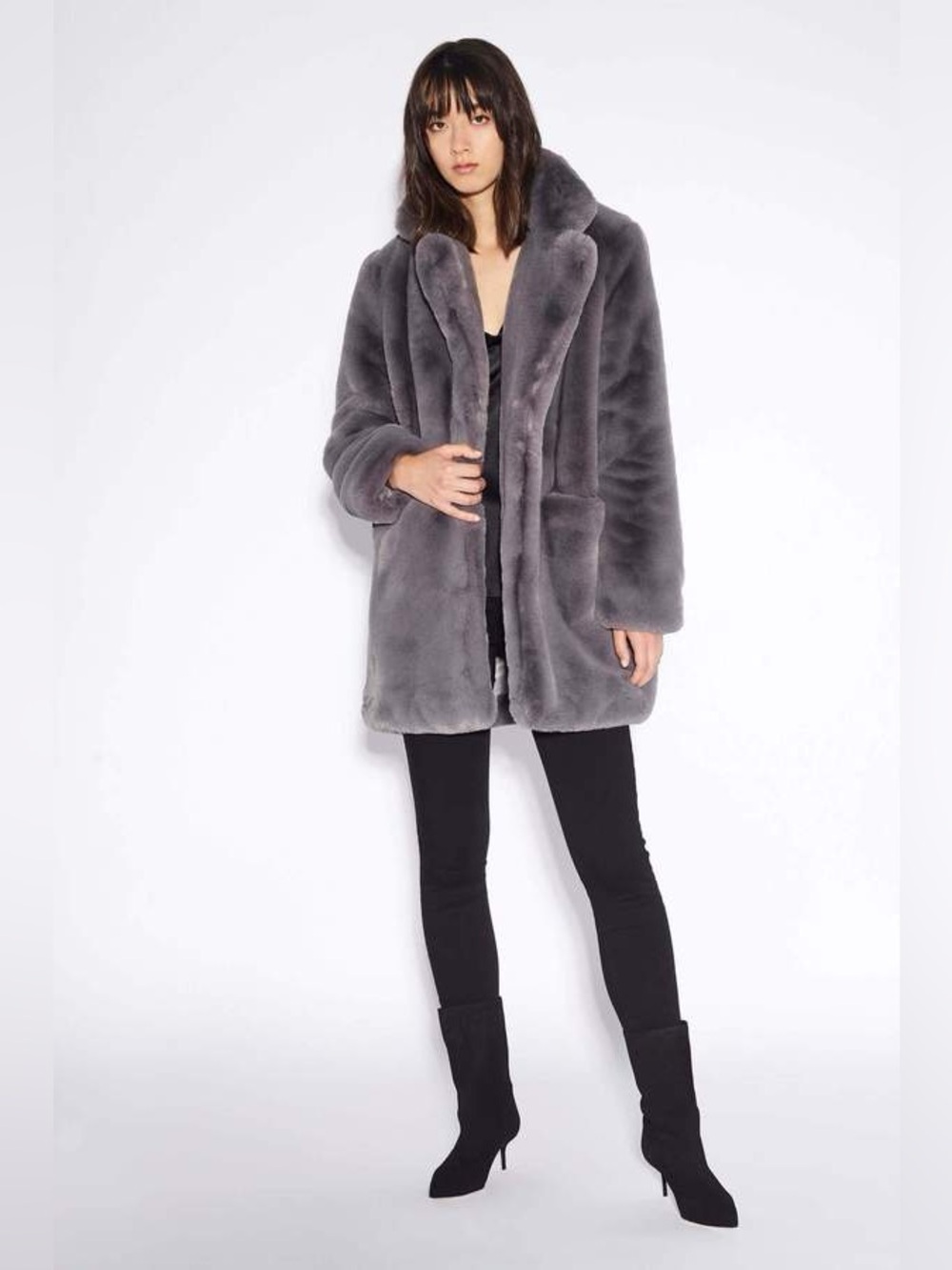 Apparis SOPHIE FAUX FUR COAT IN CARBON IN GREY , sz : medium